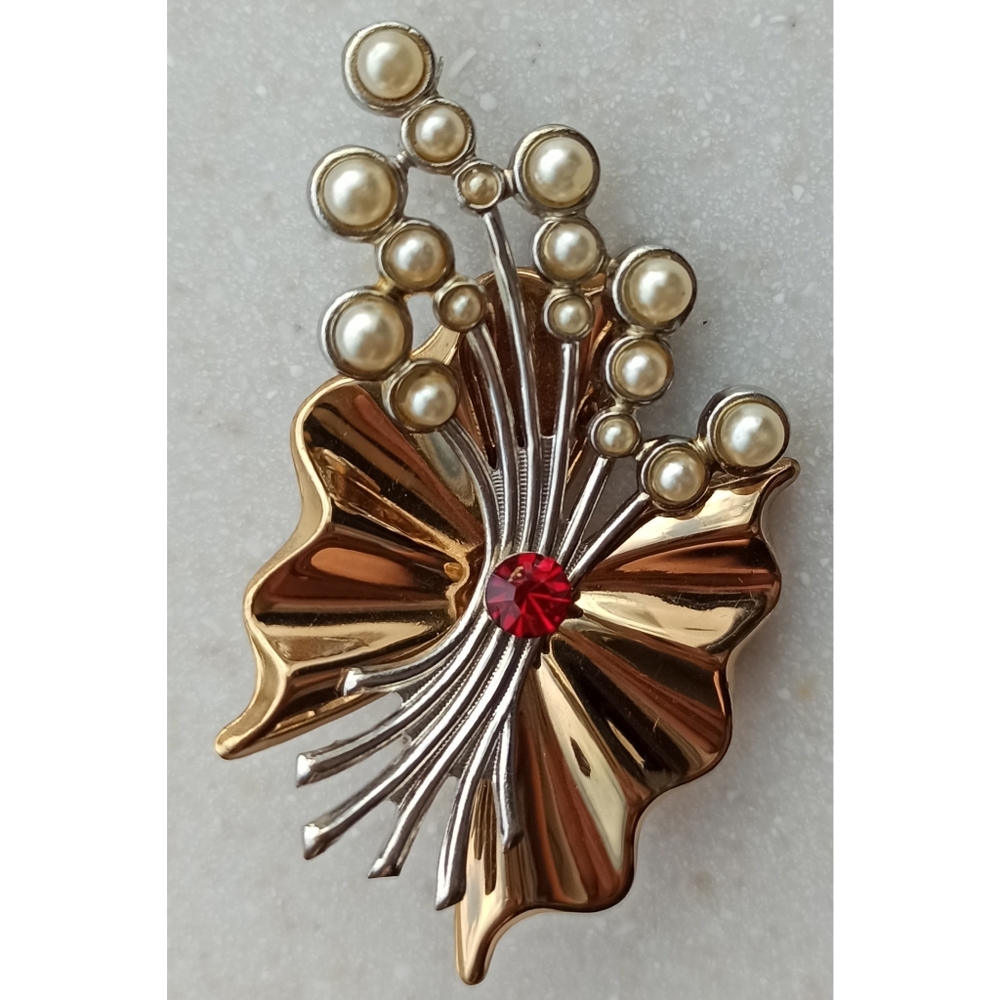 Vintage Two (silver, gold) Toned Brooch With Faux Pearl And Red Rhinestone 80s